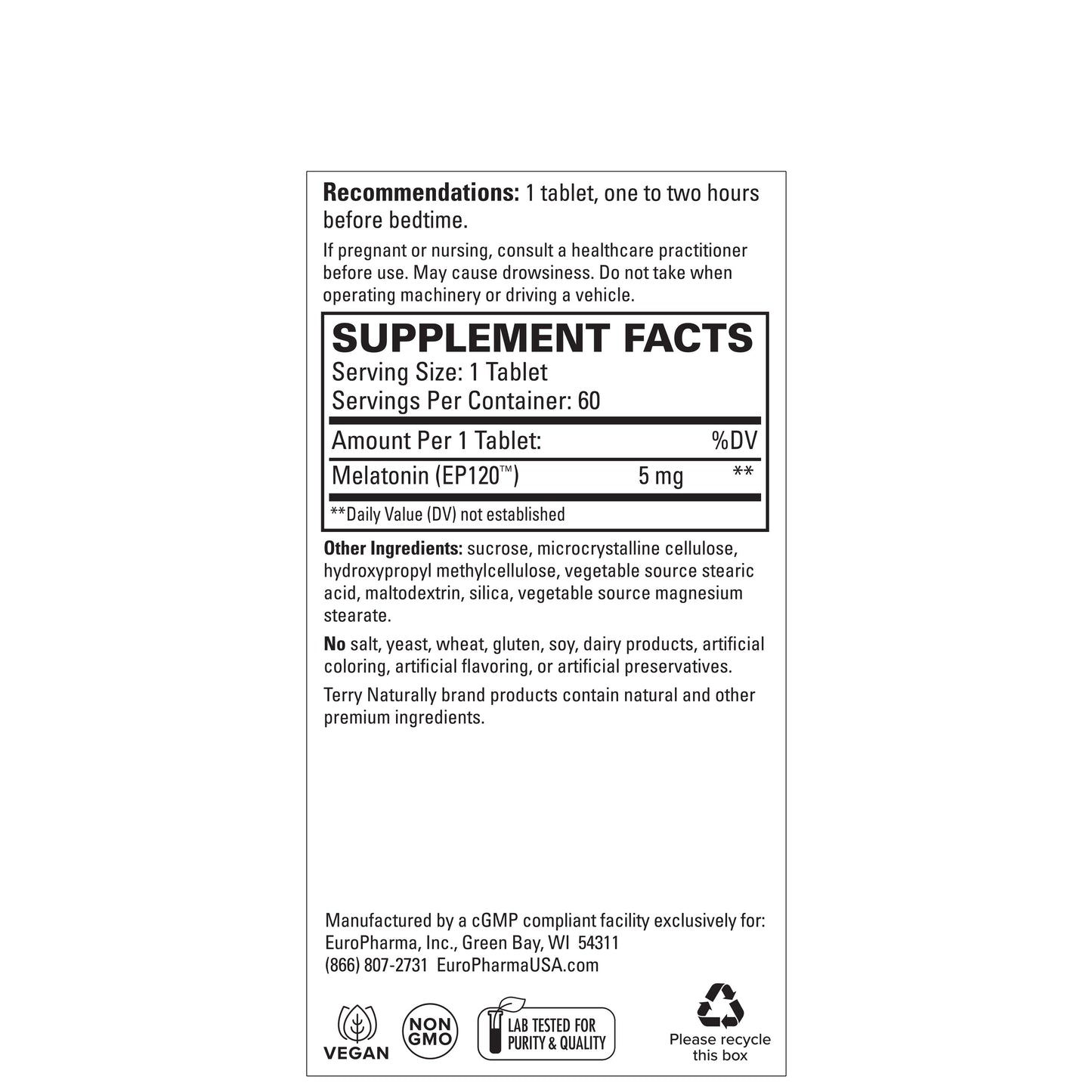Terry Naturally Melatonin EP120 5 mg Sustained Release - 60 Vegan Tablets, by EuroPharma