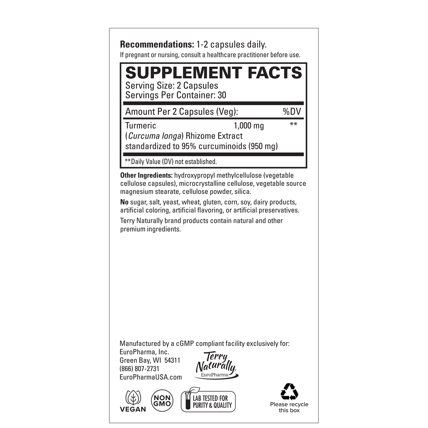 Terry Naturally, Extra Strength Turmeric 50X, High Potency Curcumin, 500 mg, 60 Capsules, by Europharma