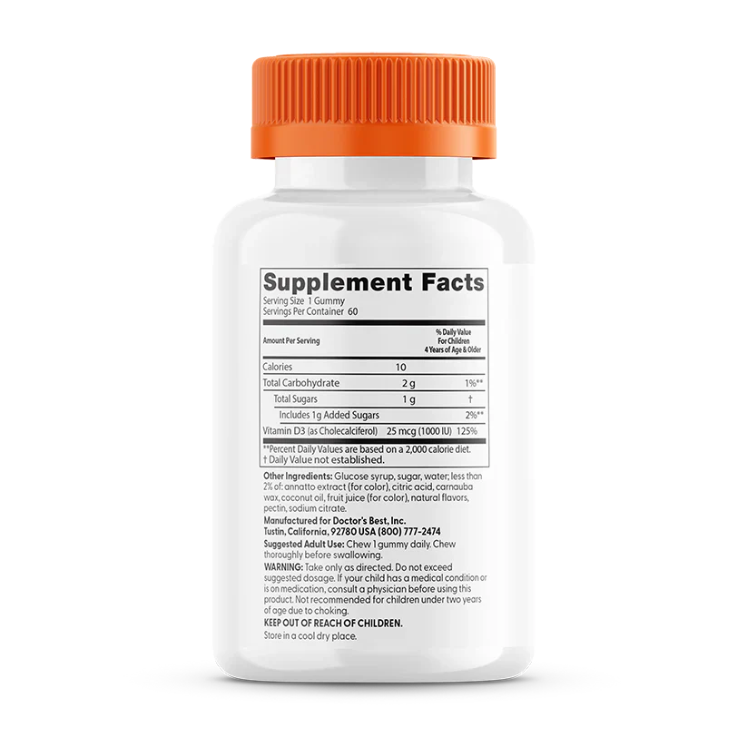 Doc's Kids Vitamin D3 Gummies, All Natural Fruit, 25 mcg (1,000 IU), 60 Gummies, by Doctor's Best