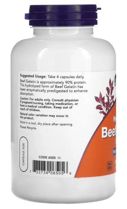 Beef Gelatin 550 mg 200 Capsules, by NOW