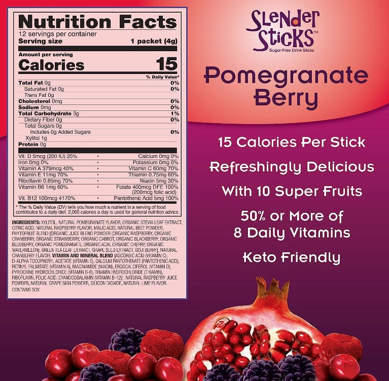 Slender Sticks, Pomegranate Berry, 12 Sticks 48g/Box (1.7 oz), by Now Real Food