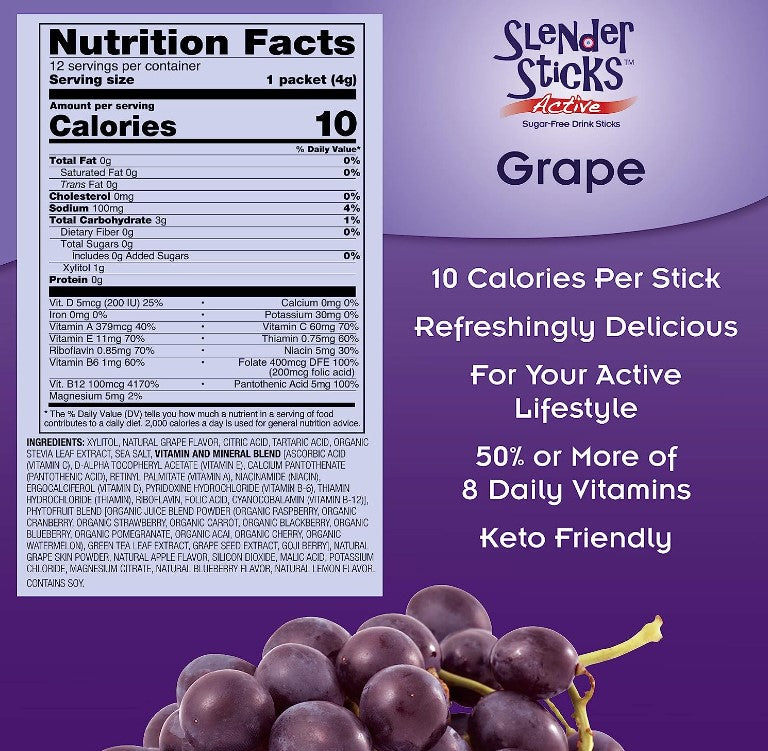 Slender Sticks, Active Grape, 12 Sticks 48g/Box (1.7 oz), by Now Real Food
