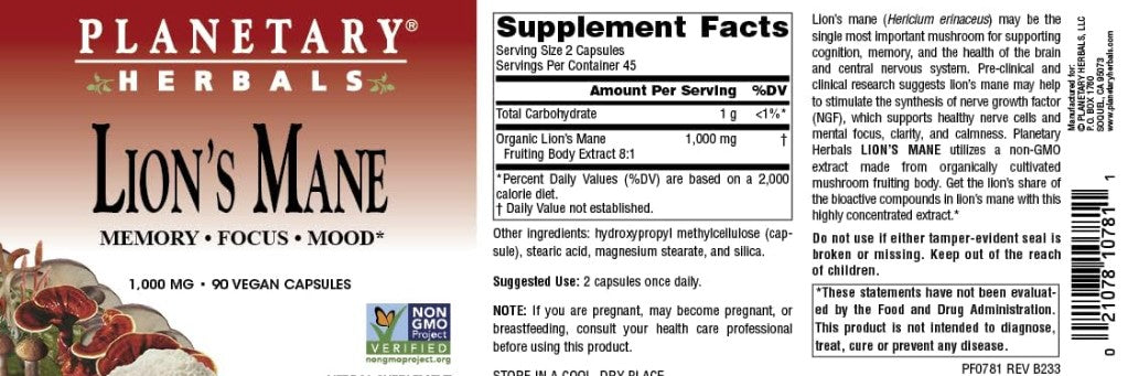 Lion's Mane, 1,000 mg 90 Vegan Capsules, by Planetary Herbals