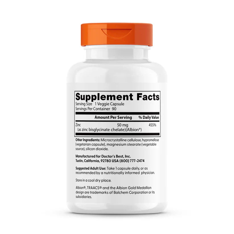 Doctor's Best, High Absorption Zinc Bisglycinate, 100% Chelated, 50 mg, 90 Veggie Caps