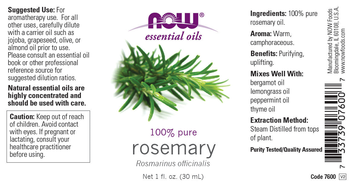 NOW Essential Oils, Rosemary Oil, Purifying Aromatherapy Scent, Steam Distilled, 100% Pure, Vegan, Child Resistant Cap, 1-Ounce