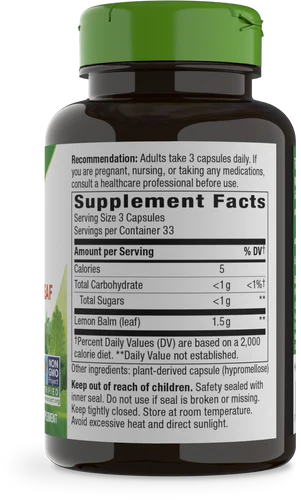 Melissa Lemon Balm Leaf 500 mg 100 Vegetarian Capsules by Nature's Way
