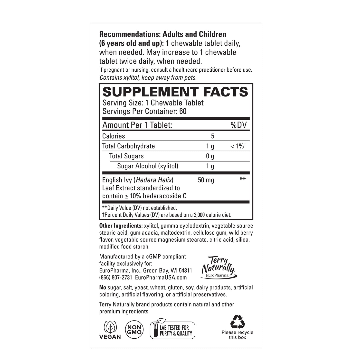 Bronchial Clear Ivy Leaf Extract 60 Chewable Tablets