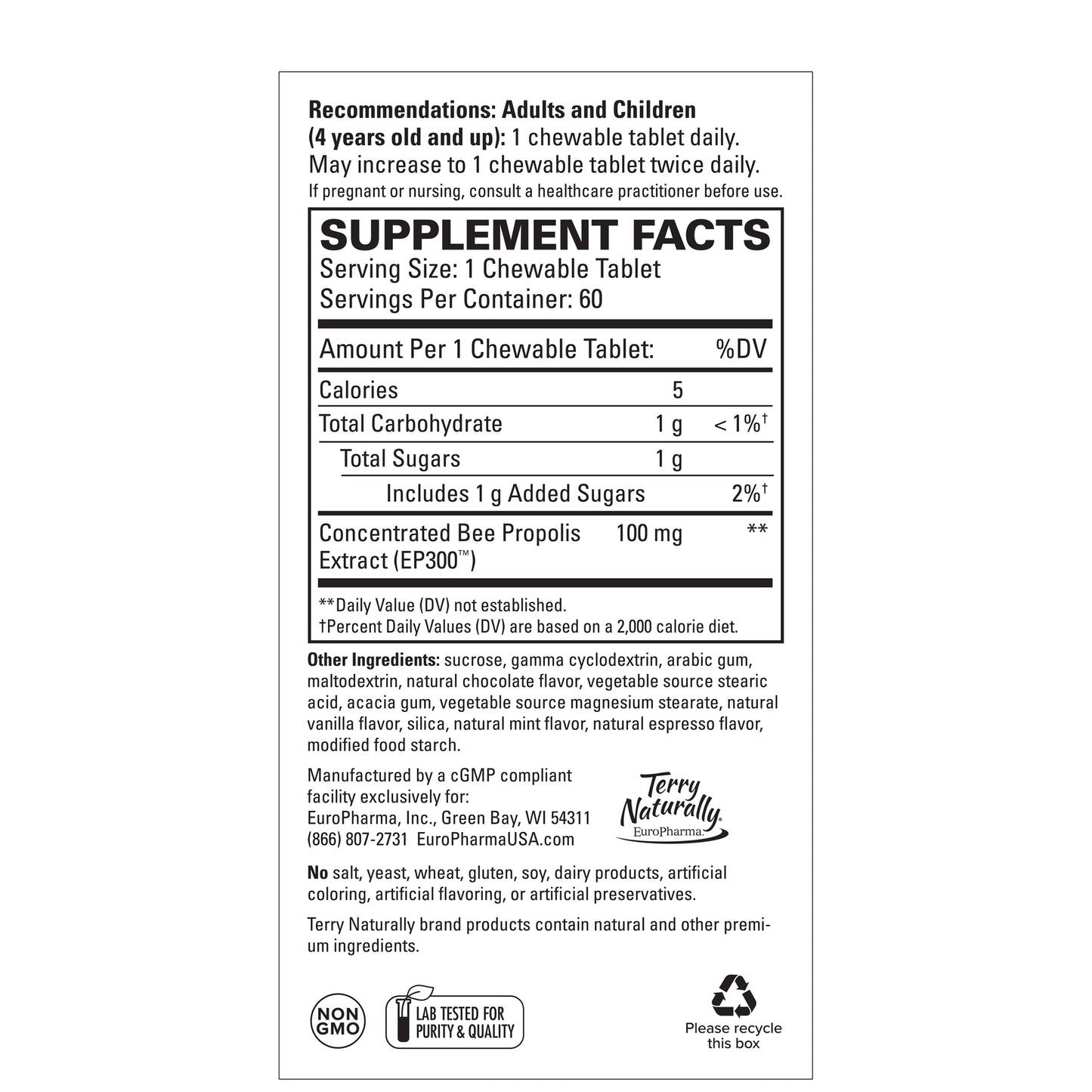 Terry Naturally Propolis Extract EP300, 60 Chewable Tablets