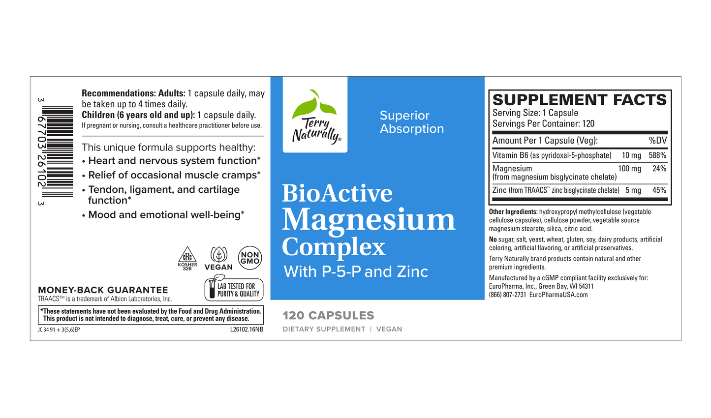 Terry Naturally BioActive Magnesium Complex with P-5-P/Mag and Zinc 120 Capsules