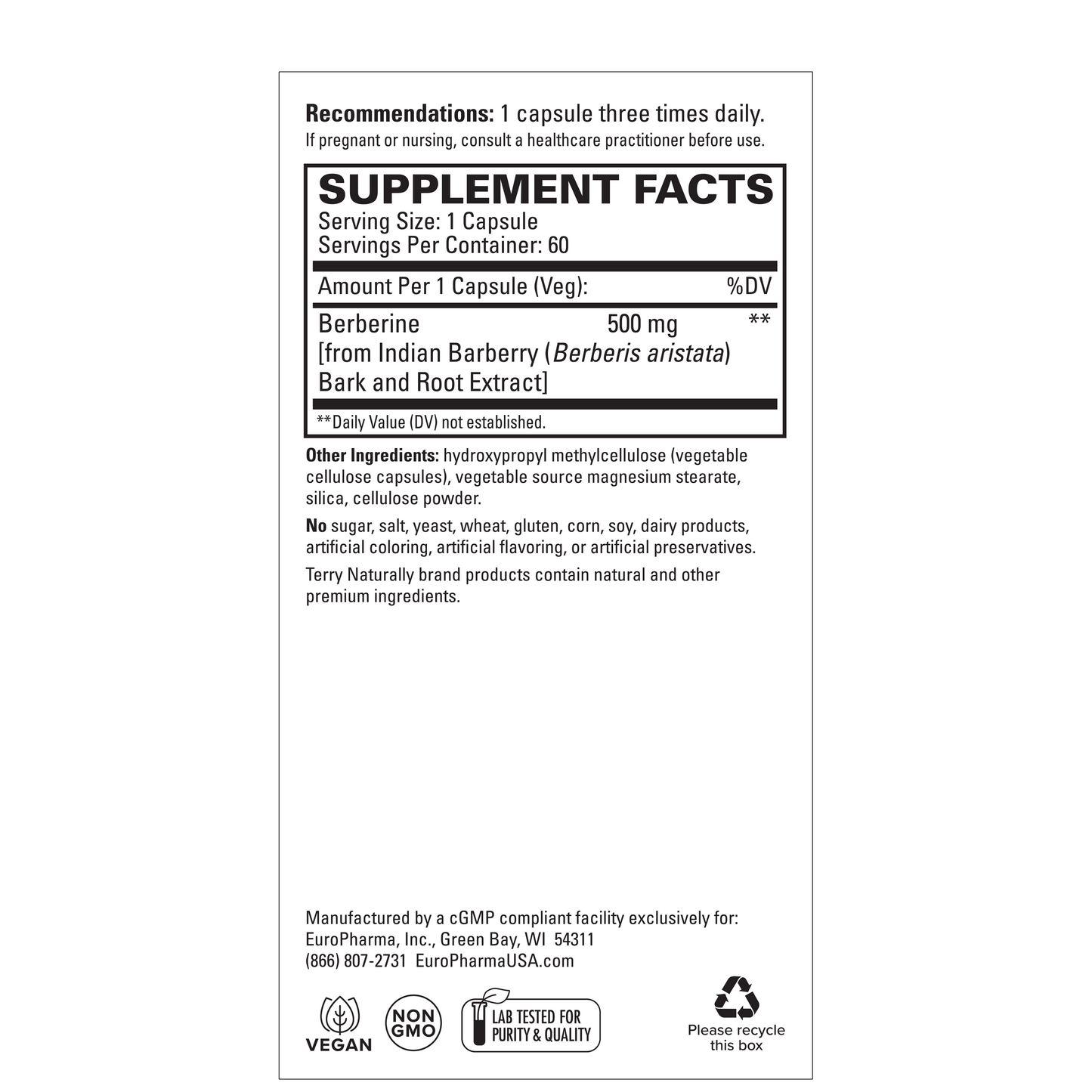 Terry Naturally Berberine 500 mg, 60 Capsules, by Europharma
