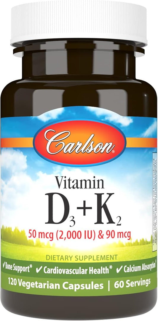 Vitamin D3 + K2, 50 mcg (2,000 IU) & 90 mcg 120 Vegetarian Capsules by Carlson