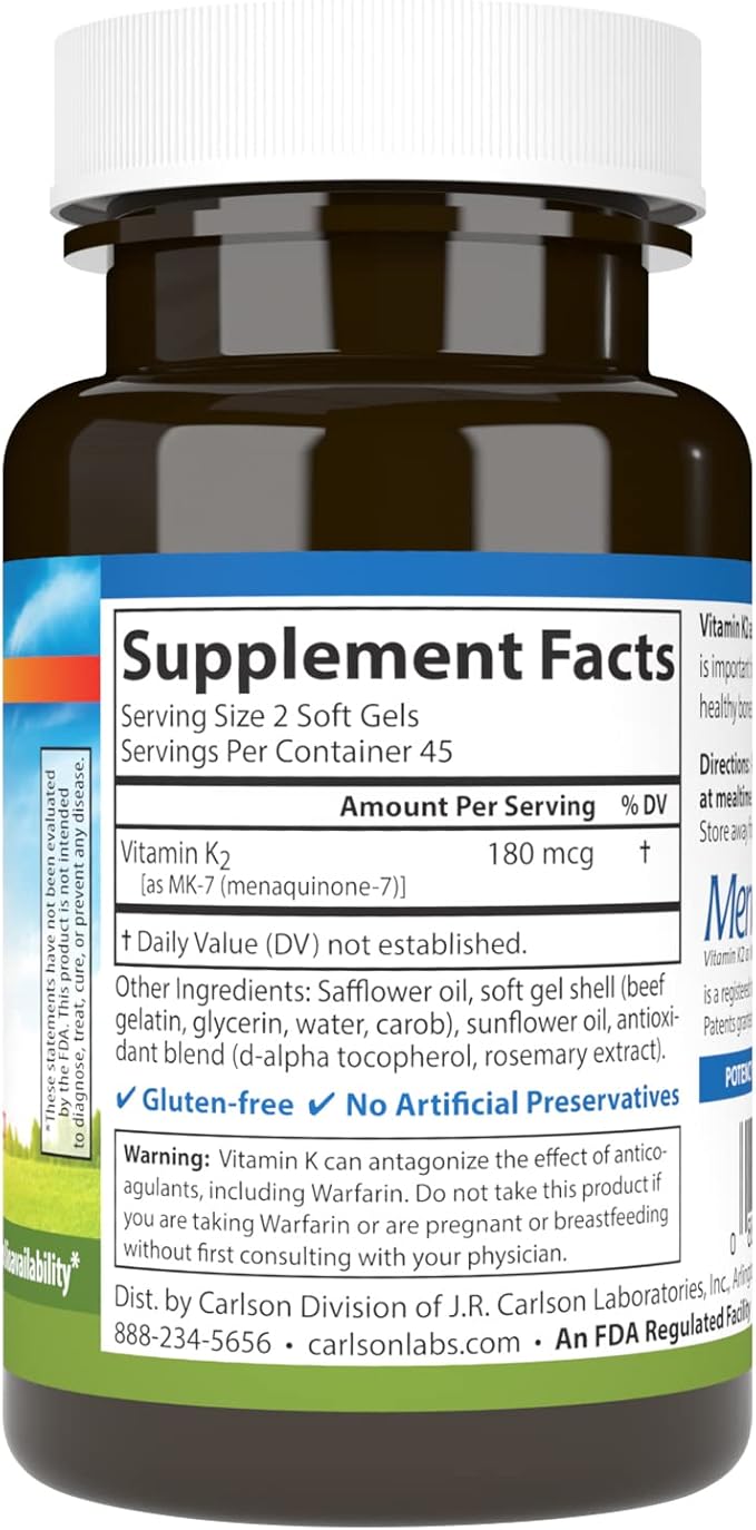 Vitamin K2 as MK-7 180 mcg, 90 soft gels by Carlson