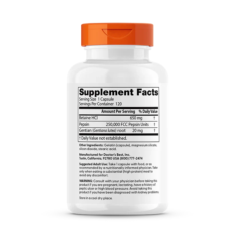 Betaine HCl Pepsin and Gentian Bitters 120 Capsules
