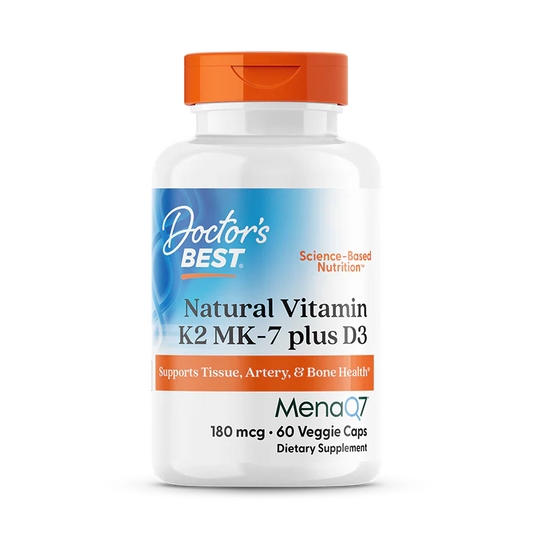 Natural Vitamin K2 MK-7 with MenaQ7 plus Vitamin D3 180 mcg 60 Veggie Caps