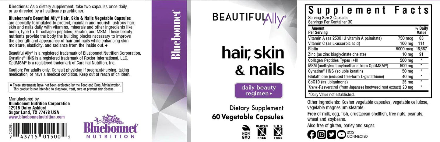 Beautiful Ally Hair, Skin & Nails 60 Vegetable Capsules, by Bluebonnet