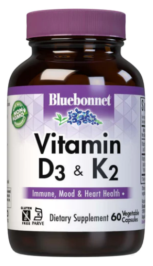 Vitamin D3 (125 mcg) & K2 (100 mcg), 60 Vegetable Capsules, by Bluebonnet