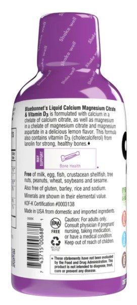 Liquid Calcium Magnesium Citrate & Vitamin D3, Lemon 16 fl oz (473 ml), by Bluebonnet