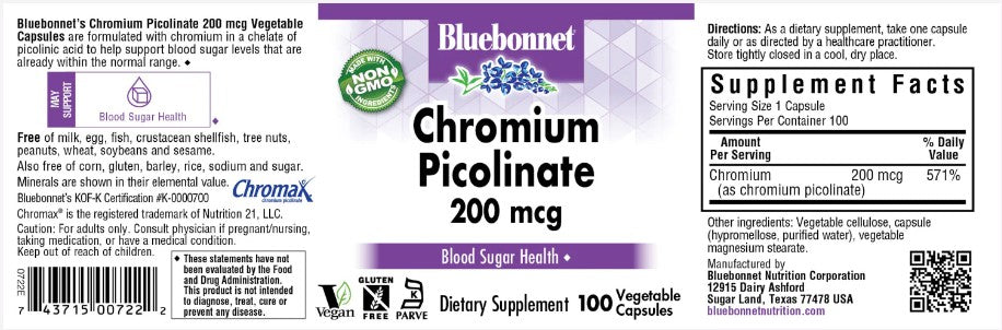 Chromium Picolinate 200 mcg, 100 Vegetable Capsules, by Bluebonnet