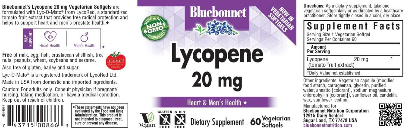 Lycopene 20 mg, 60 Vegetarian Softgels, by Bluebonnet