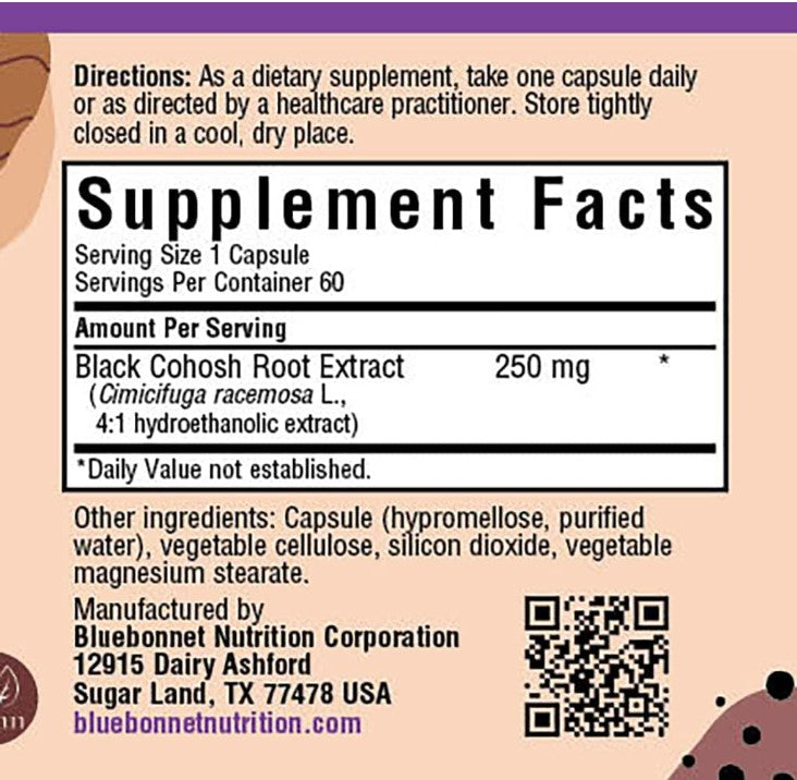 Black Cohosh Root Extract, 250 mg 60 Vegetable Capsules, by Bluebonnet