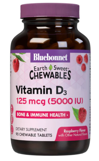 EarthSweet Chewables, Vitamin D3, 5,000 IU, 90 Raspberry Chewable Tablets, by Bluebonnet