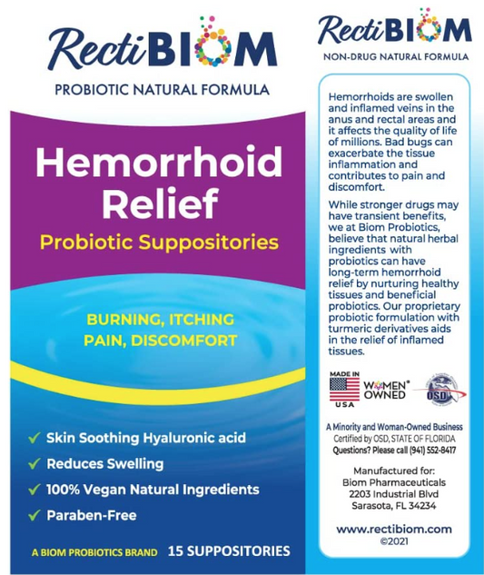 Probiotic Hemorrhoidal Relief Suppositories - 15 Suppositories, by Biom Probiotics