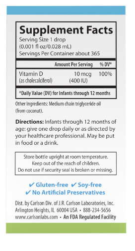 Baby's Super Daily® D3 400 IU (10 mcg) Per Vegetarian Drop 10.3 ml (365 Drops), by Carlson