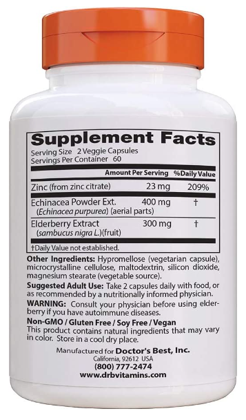 Immune Booster with Echinacea, Elderberry & Zinc, 120 Veggie Caps, by Doctor's Best