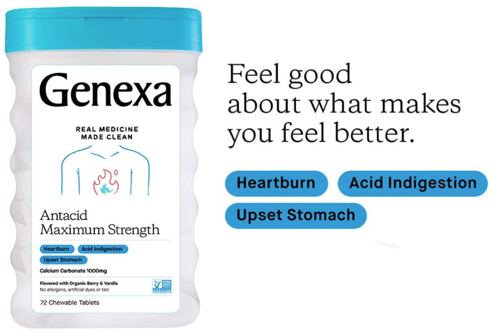 Antacid Maximum Strength, 72 Organic Berry & Vanilla Chewable Tablets, by Genexa