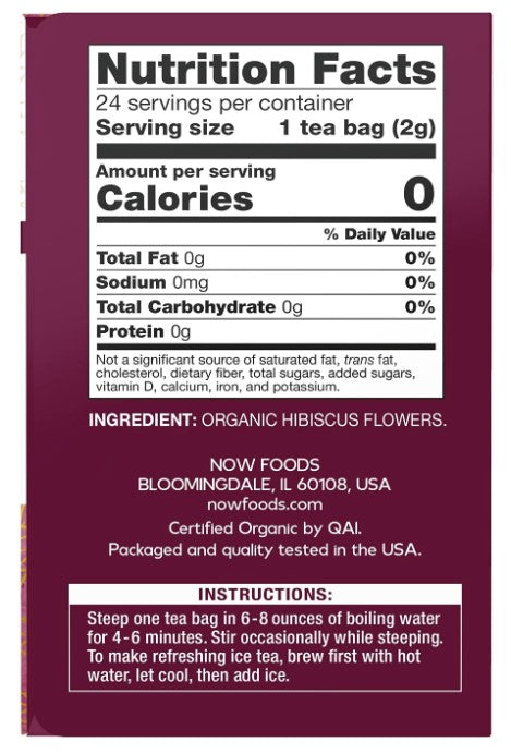 Organic Hibiscus Tea - 24 Tea Bags, 1.7 oz (48 g), by NOW