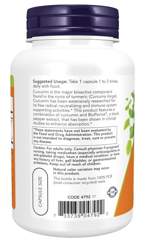 Turmeric Curcumin with BioPerine® - 90 Veg Capsules, by NOW