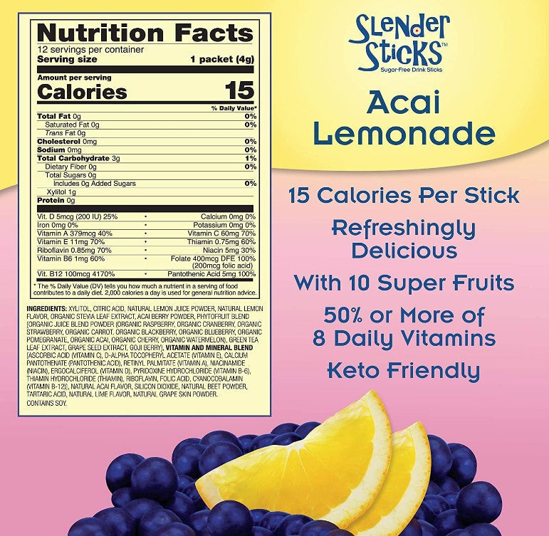 Slender Sticks, Acai Lemonade, 12 Sticks, 48g/Box (1.7 oz), by Now Real Food