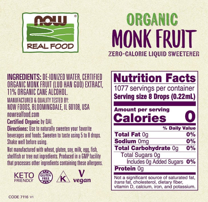 Organic Monk Fruit Zero-Calorie Liquid Sweetener, 8 fl oz (237 mL), by Now Real Food