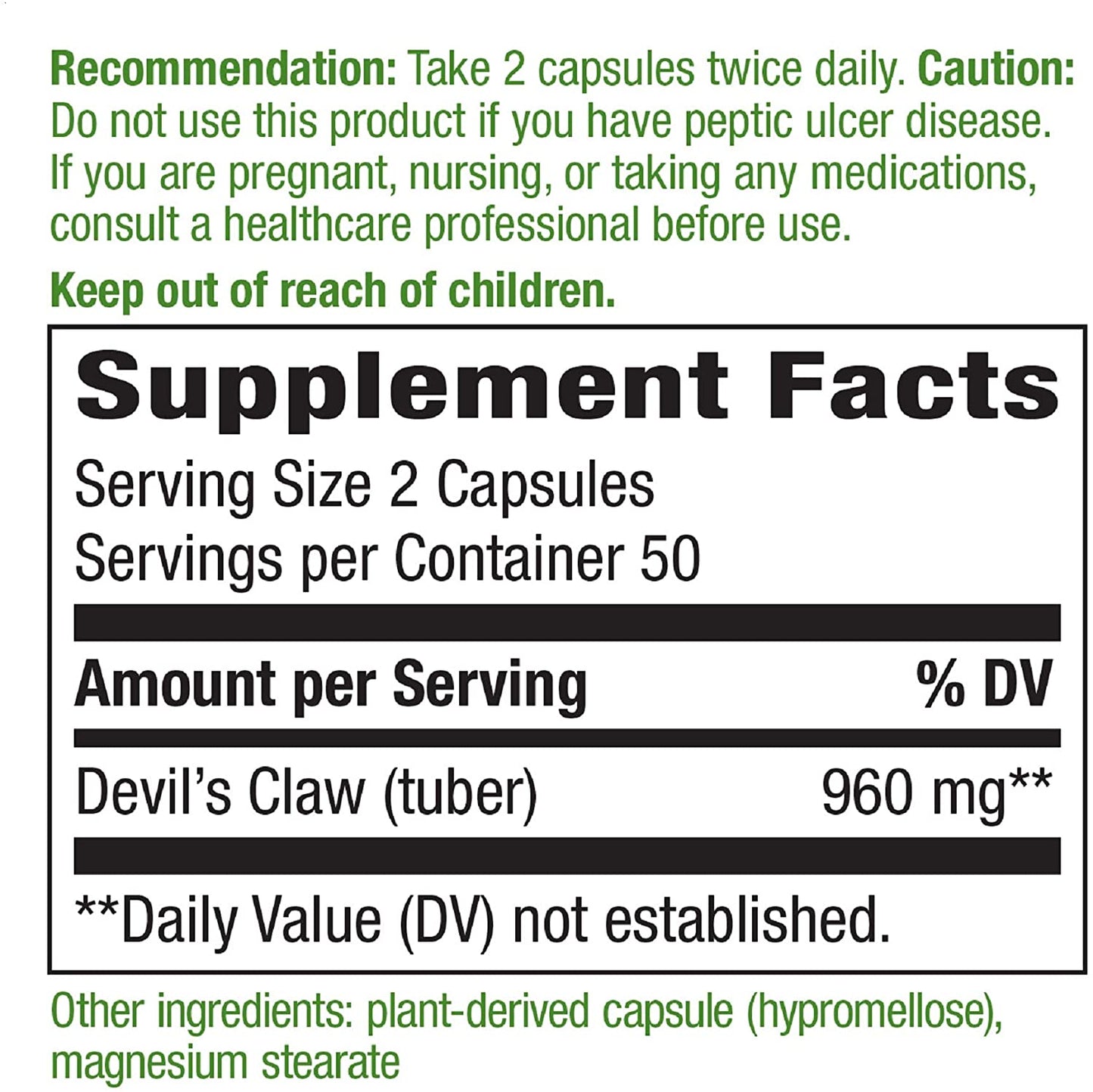 Devil's Claw Secondary Root 480 mg 100 Vegetarian Capsules