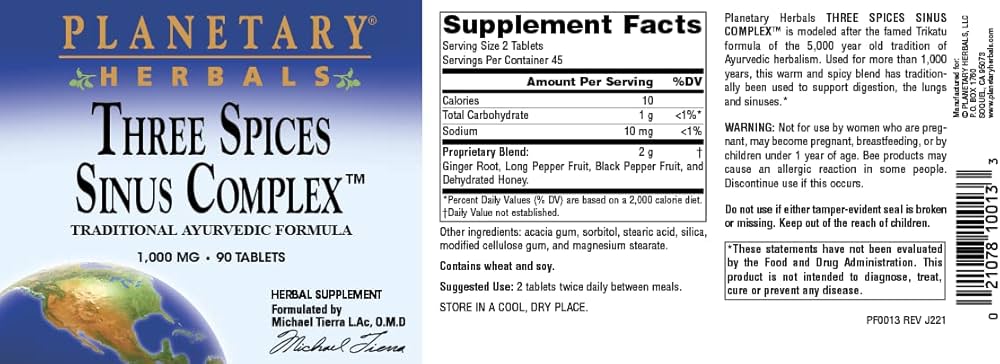 Three Spices Sinus Complex 1000 mg 90 Tablets by Planetary Herbals