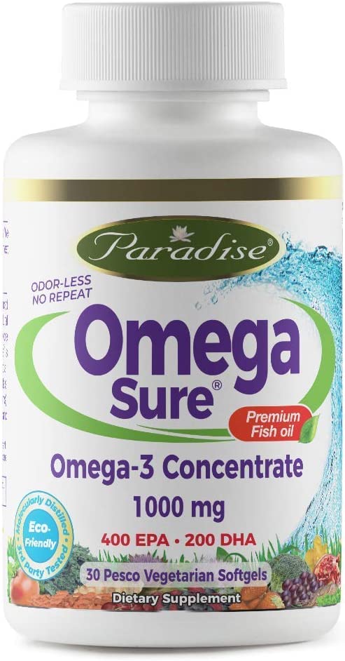 Paradise Herbs, Omega Sure, Omega-3 Concentrate, 1,000 mg, 30 Pesco Vegetarian Softgels