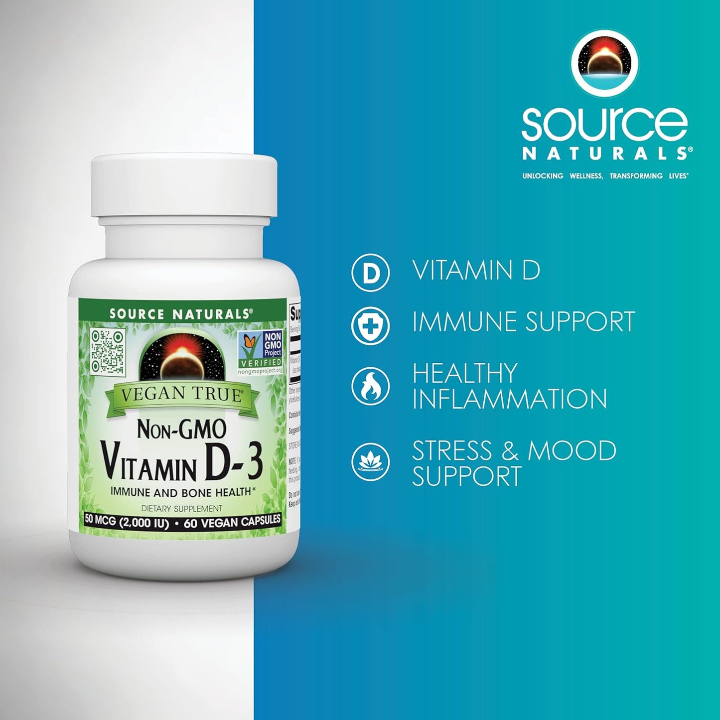 Non-GMO Vitamin D-3, 50 mcg (2,000 IU) 60 Vegan Capsules by Source Naturals