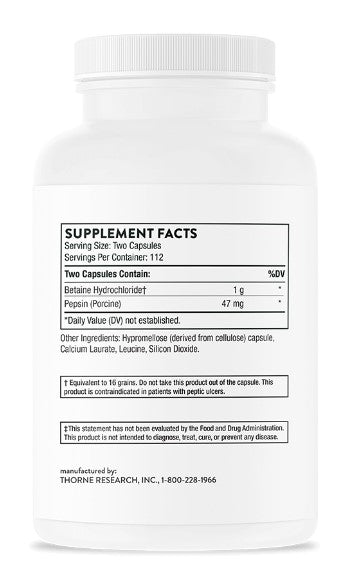 Betaine HCL & Pepsin 225 Capsules, by Thorne