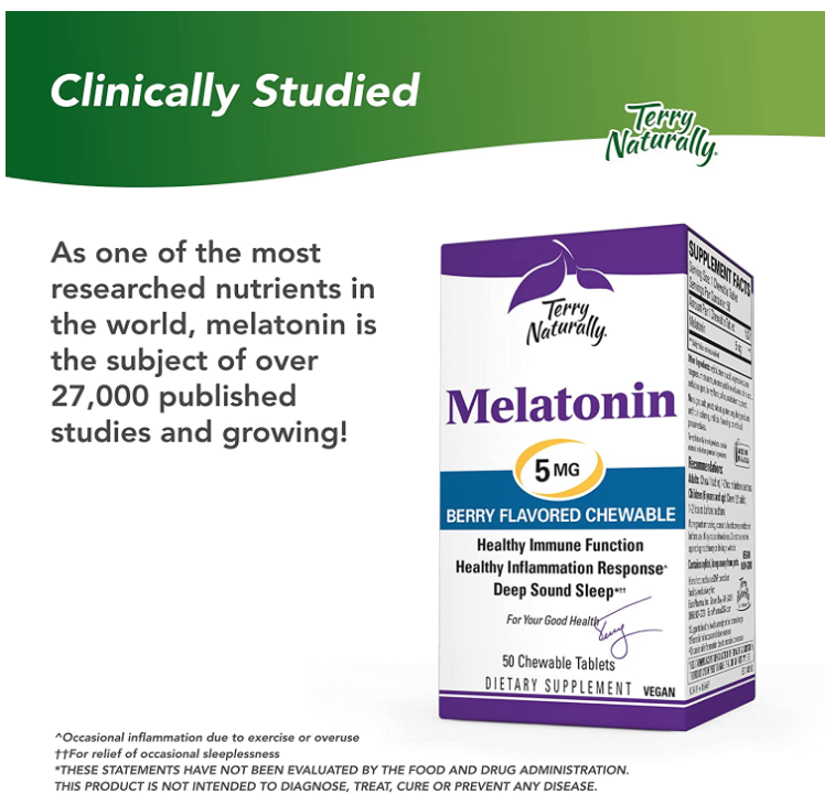 Melatonin 5 mg, 50 Berry Flavored Chewable Tablets by Terry Naturally