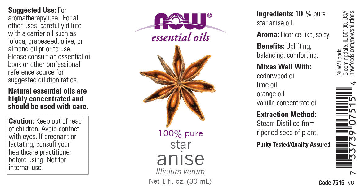 NOW Essential Oils, Anise Oil, Balancing Aromatherapy Scent, Steam Distilled, 100% Pure, Vegan, Child Resistant Cap, 1-Ounce