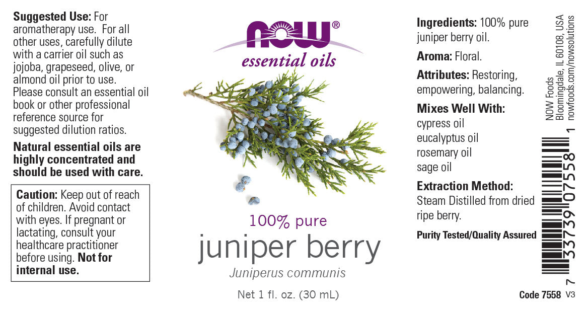 NOW Essential Oils, Juniper Berry Oil, Restoring Aromatherapy Scent, Steam Distilled, 100% Pure, Vegan, Child Resistant Cap, 1-Ounce