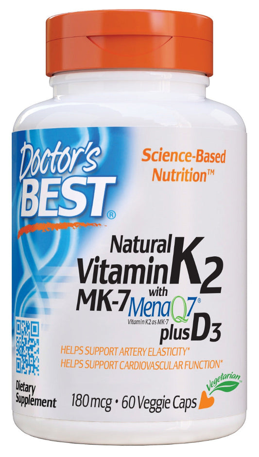 Natural Vitamin K2 MK-7 with MenaQ7 plus Vitamin D3 180 mcg 60 Veggie Caps