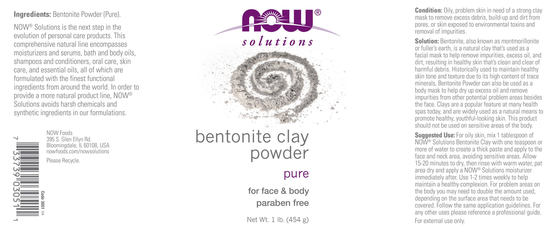 Now Solutions - Bentonite Clay Powder Pure 1 lb (454 g)