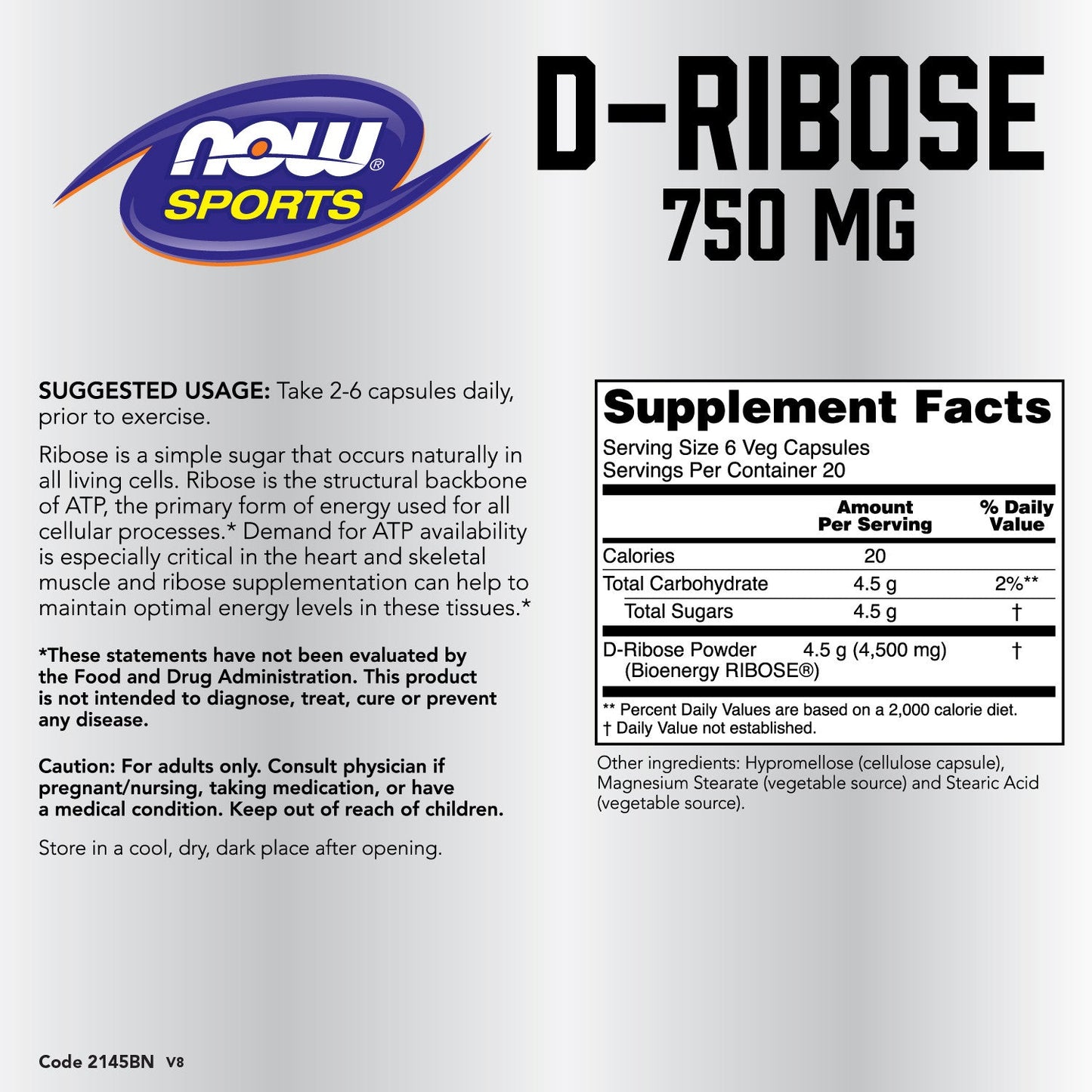 Now Sports, D-Ribose 750 mg 120 Veg Capsules