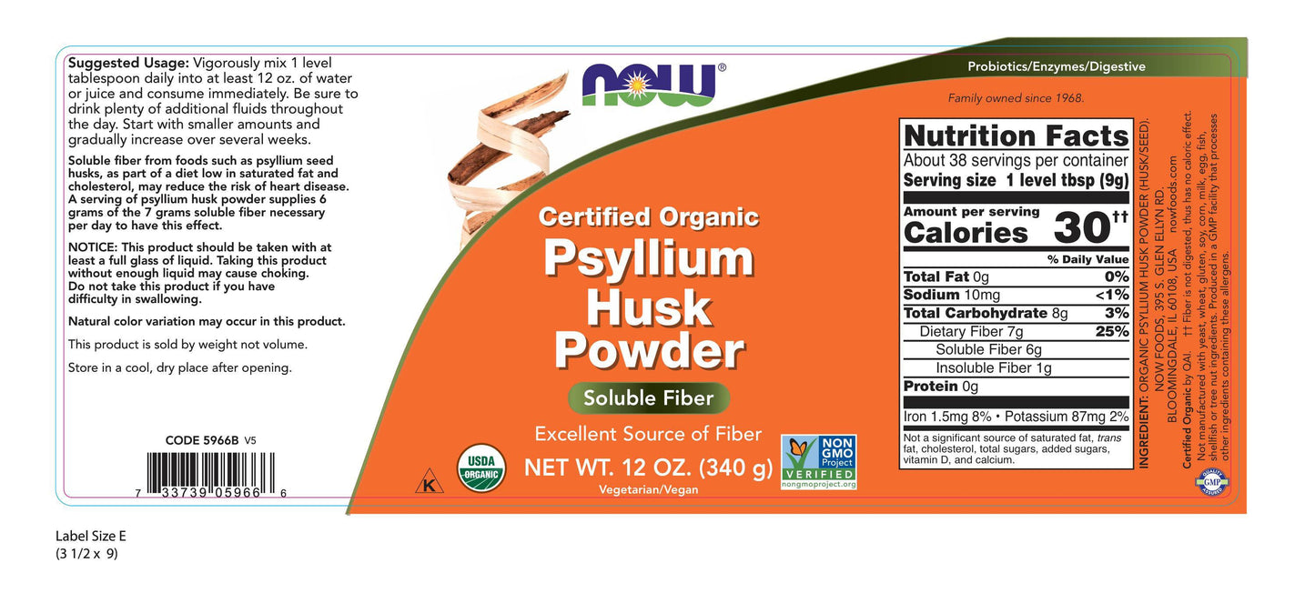 Psyllium Husk Powder Certified Organic 12 oz (340 g) | By Now Foods - Best Price