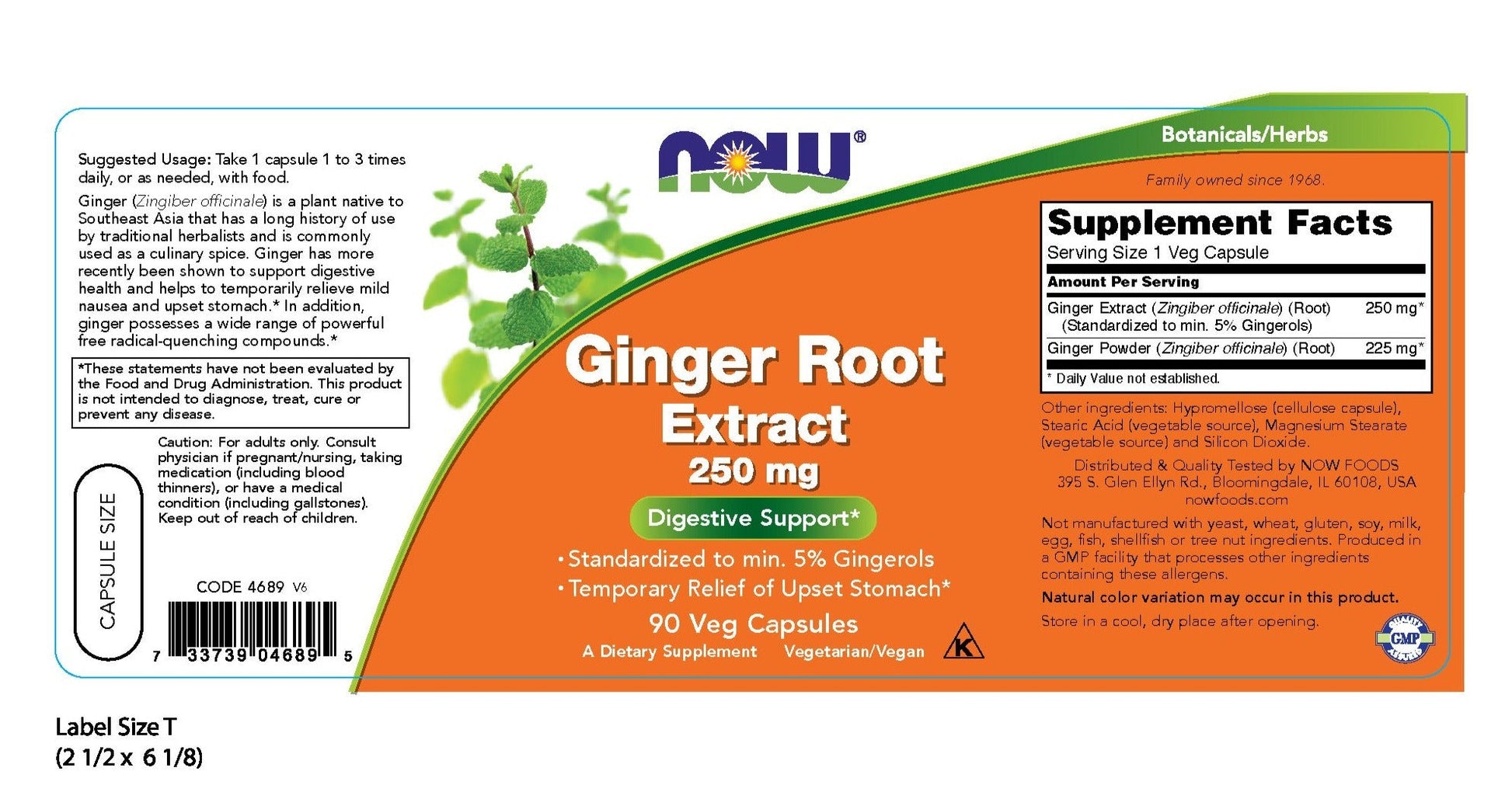 Ginger Root Extract 250 mg 90 Veg Capsules