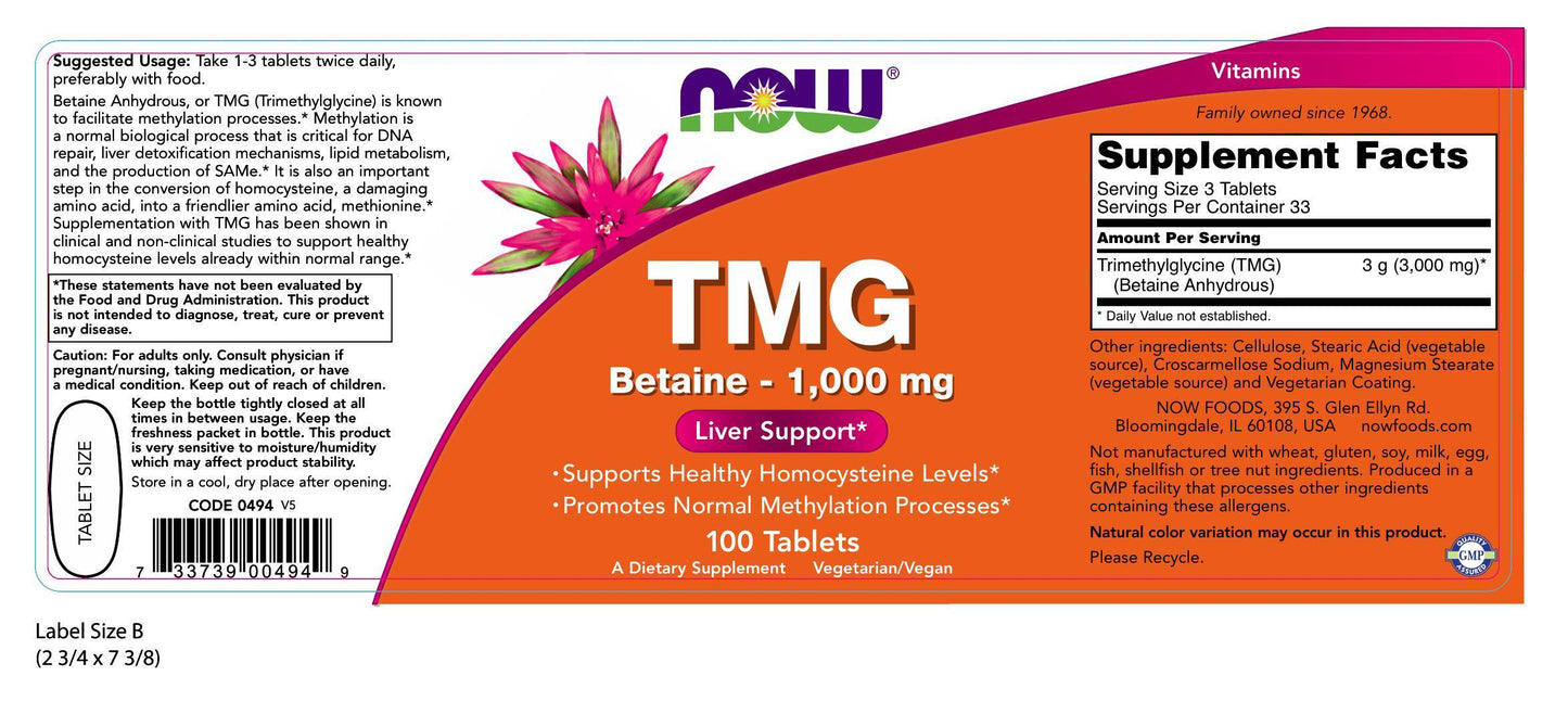 TMG Betaine 1,000 mg 100 Tablets