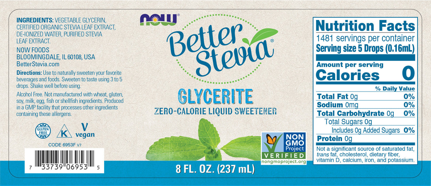 NOW Foods, Better Stevia Glycerite Liquid Sweetener 8 fl oz (237