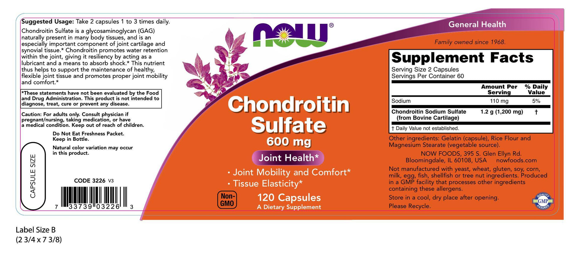 Chondroitin Sulfate 600 mg 120 Capsules | By Now Foods - Best Price