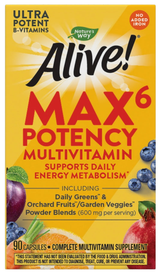 Alive! Max6 Daily Multi-Vitamin Max Potency No Added Iron 90 Veg Capsules